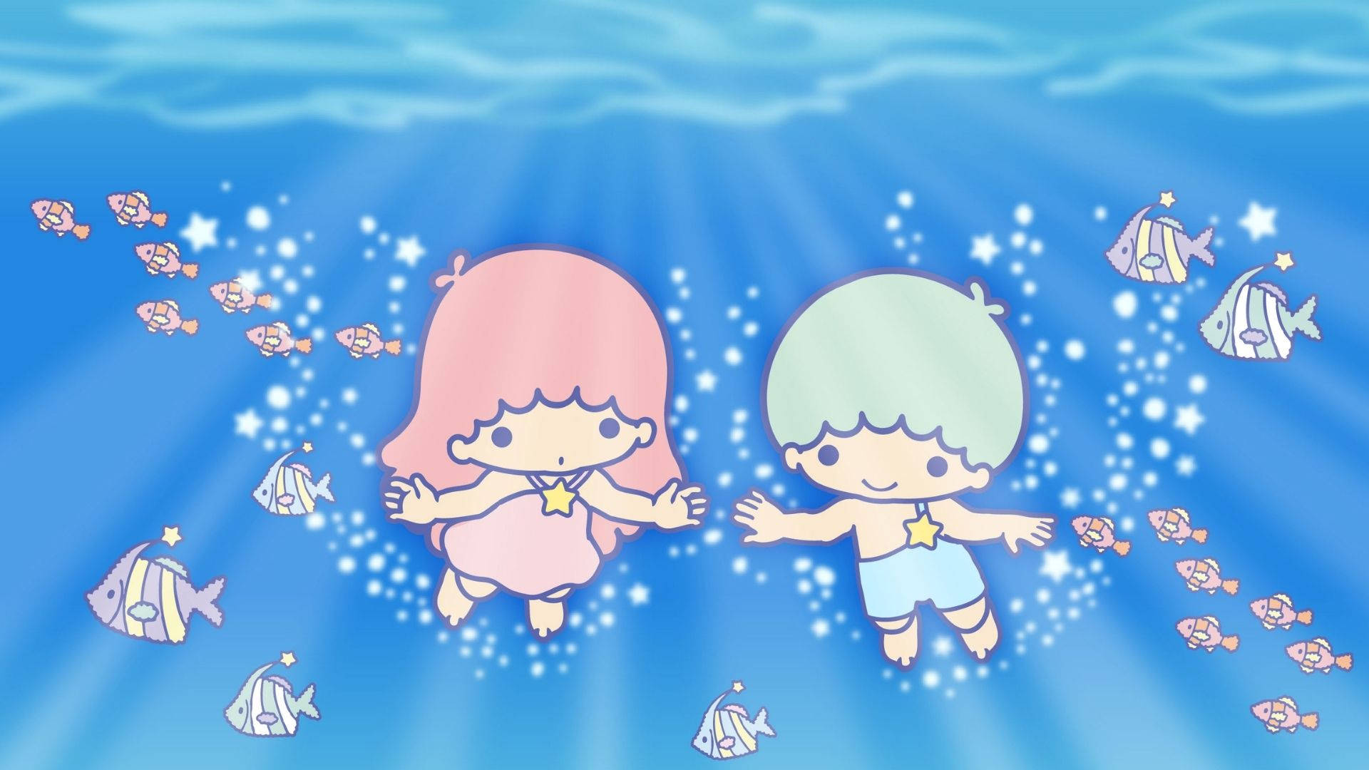 Twin 桌布 壁紙 — 兩個可愛的卡通兒童在水底漂浮，周圍有魚和閃爍的光線，在歡快的藍色海洋場景中。