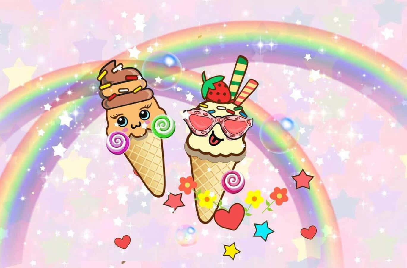 Kawaii Dessert 桌布 壁紙 — 兩個可愛的卡通冰淇淋甜筒，帶有臉部和配飾，在充滿星星和心形的閃爍彩虹下快樂地漂浮。