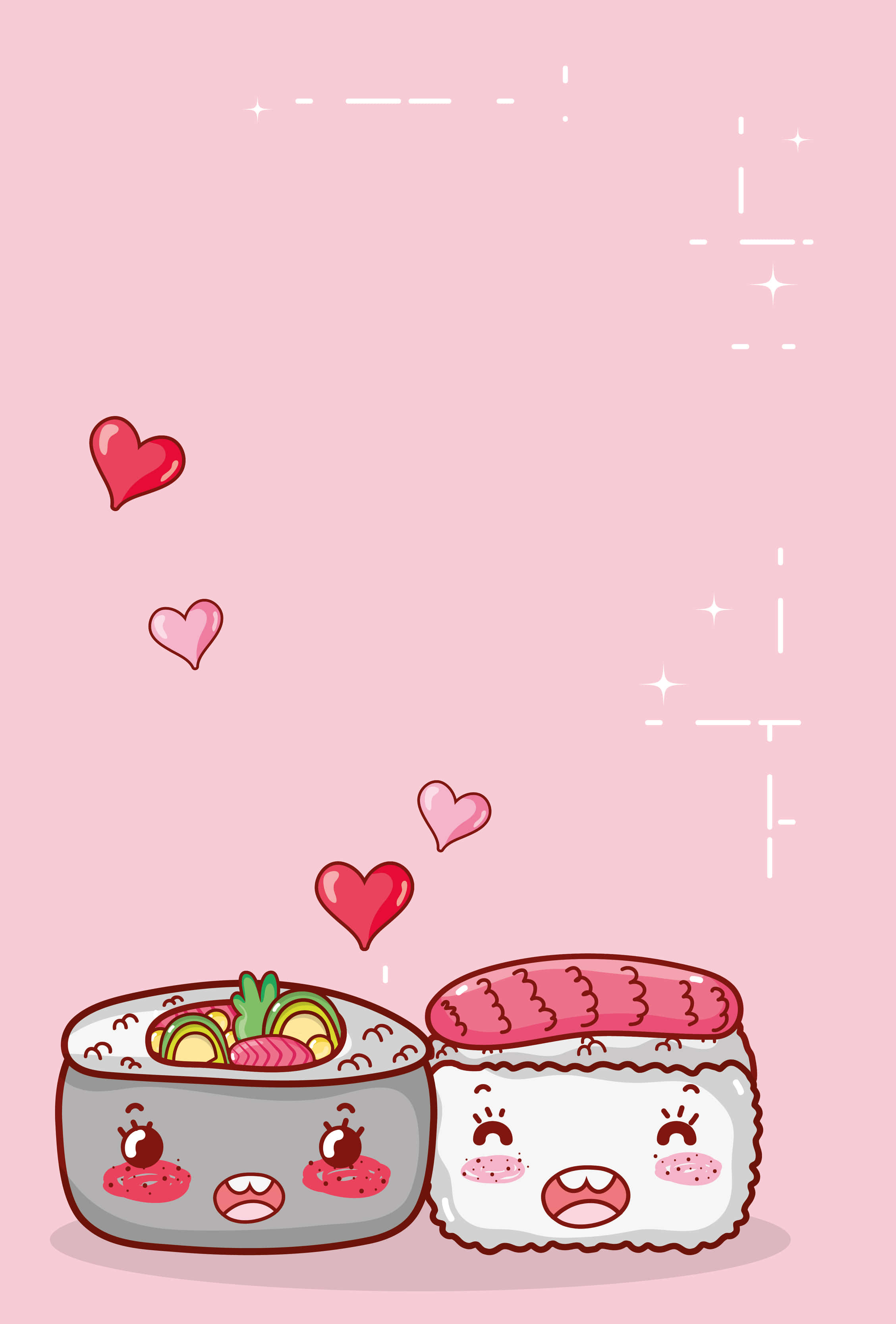 Kawaii Japanese Food 桌布 壁紙 — 兩個可愛的卡通壽司，有臉和心形漂浮在粉紅色背景上。