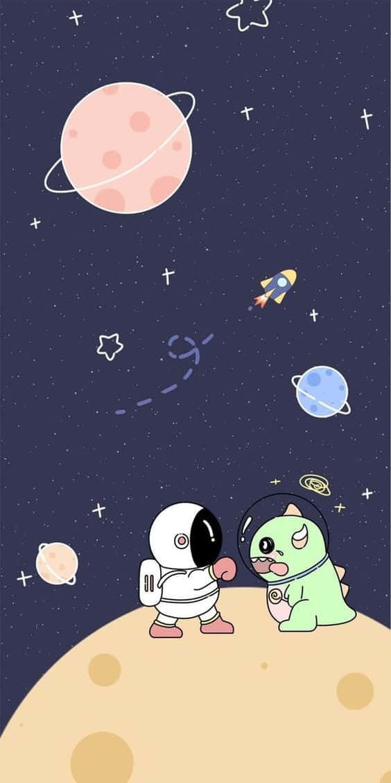 Astronaut iPhone 桌布 壁紙 — 兩個可愛的卡通太空人穿著太空衣站在月球表面，凝視著色彩繽紛的行星和火箭船。
