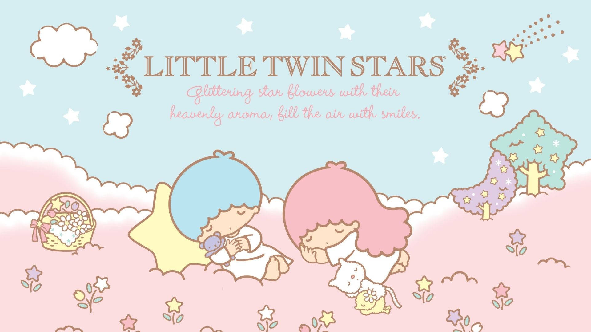 Twin 桌布 壁紙 — 兩個可愛的卡通女孩，一藍一粉紅頭髮，坐在雲上抱著毛絨玩具，星空下，有花樹和一個籃子。