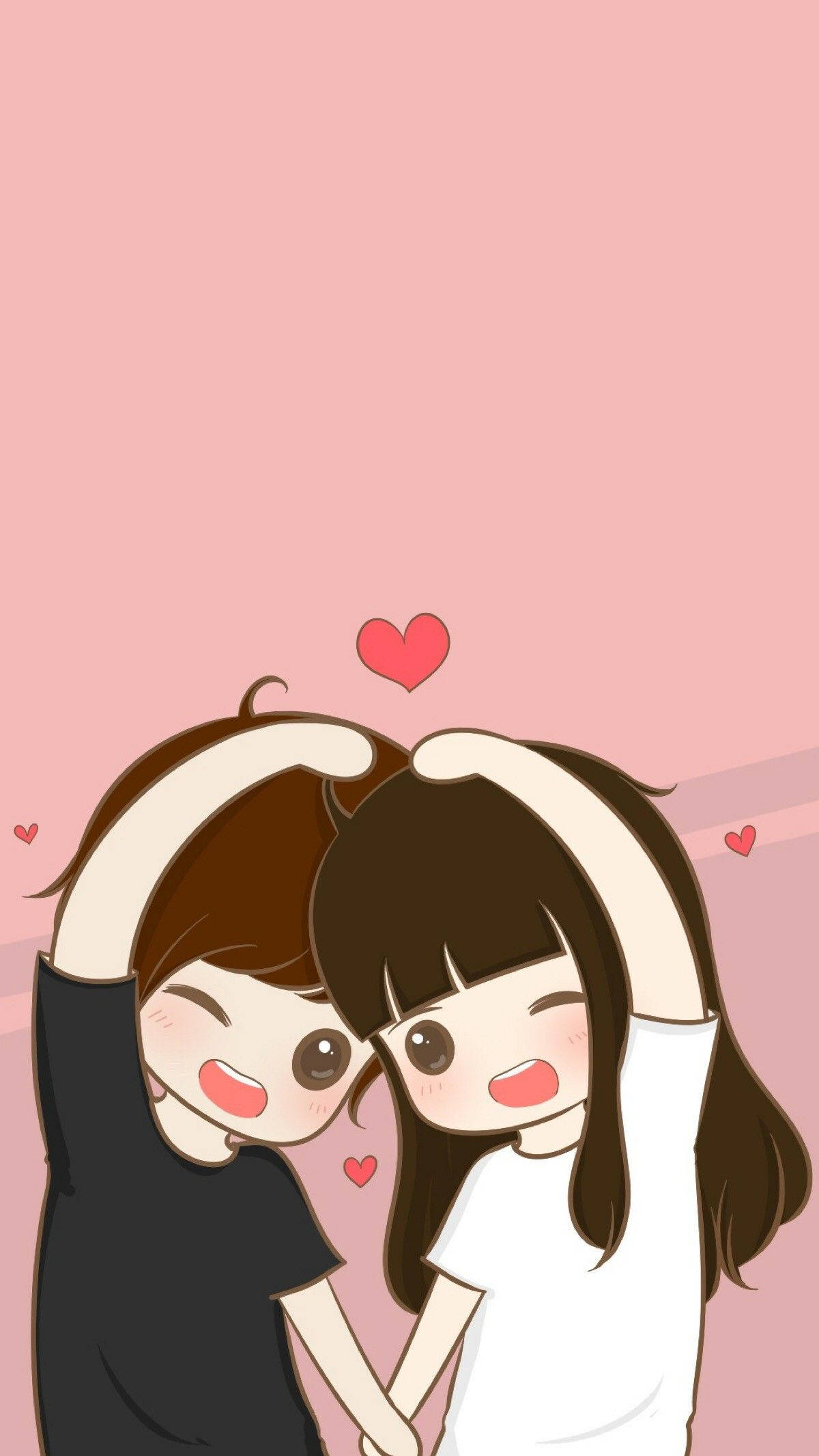 Cartoon 桌布 壁紙 — 兩個可愛的卡通女孩，棕色頭髮，戴著髮帶，在柔和的粉紅色背景上幸福地擁抱，周圍有漂浮的心形。