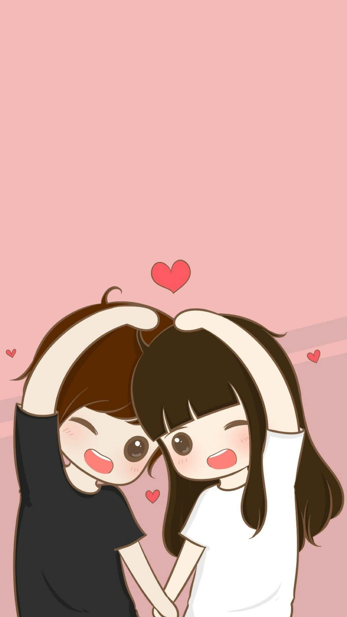 Cute Couple 桌布 壁紙 — 兩個可愛的卡通女孩，棕色頭髮，戴著髮帶，在柔和的粉紅色背景上，有漂浮的心形，快樂地擁抱。