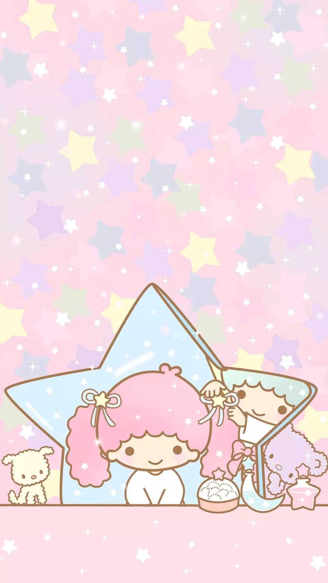 Kawaii iPhone 桌布 壁紙 — 兩個可愛的卡通女孩，粉紅色頭髮，從星形窗戶窺視，背景是粉彩星空。