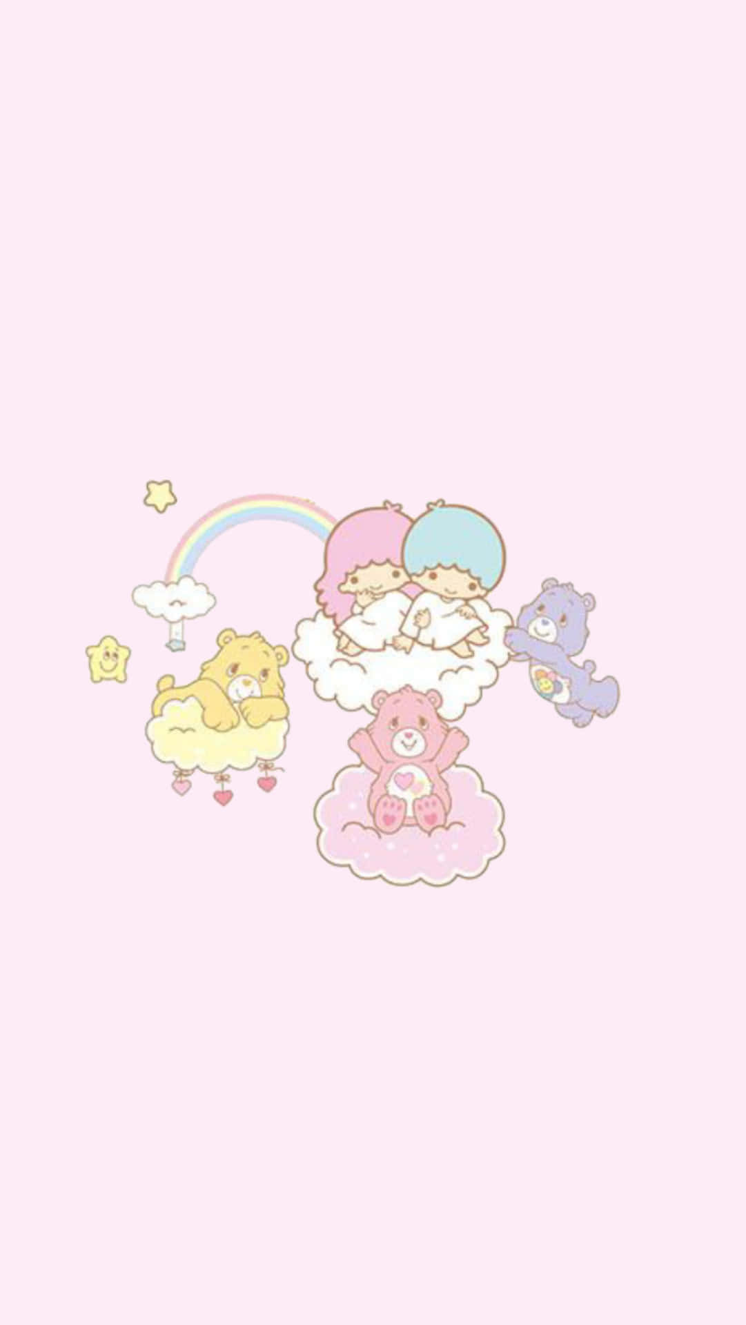 Cute Cartoon Characters 桌布 壁紙 — 兩個可愛的卡通女孩，頭髮是柔和色調，坐在 fluffy 雲朵上，周圍有微笑的熊、彩虹和星星，背景是柔和的粉紅色。