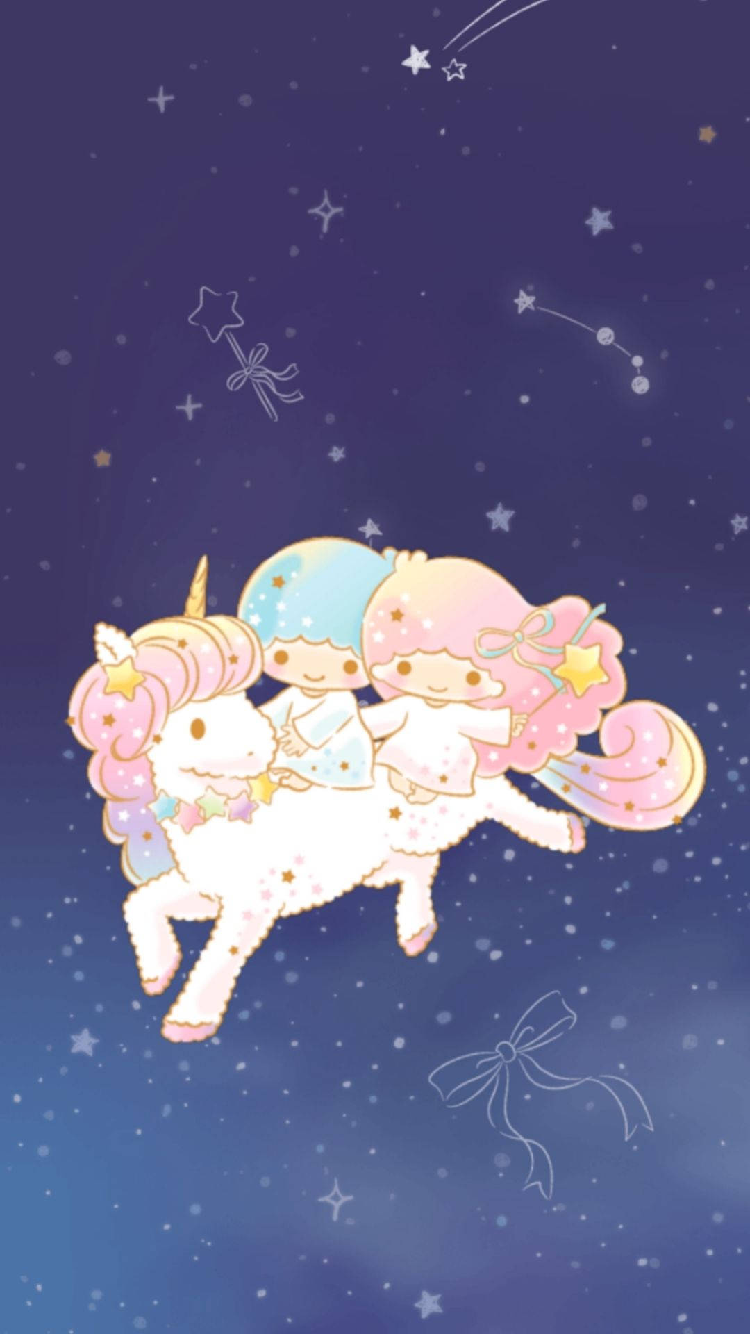 Twin 桌布 壁紙 — 兩個可愛的卡通女孩騎著一匹星際獨角獸，穿過充滿閃爍星星和蝴蝶結的夢幻紫色夜空。