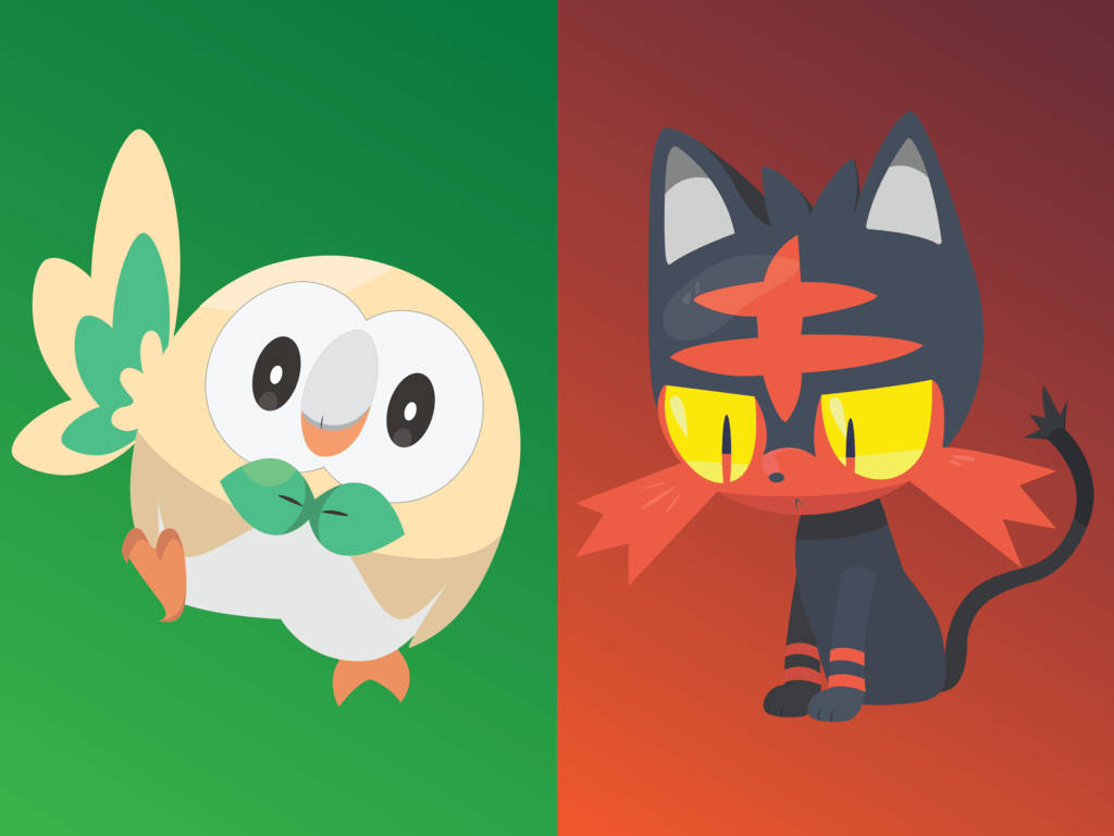 Rowlet 桌布 壁紙 — 兩個可愛的卡通寶可夢角色，一隻綠色貓頭鷹和一隻紅色貓，並排坐在純色背景前。