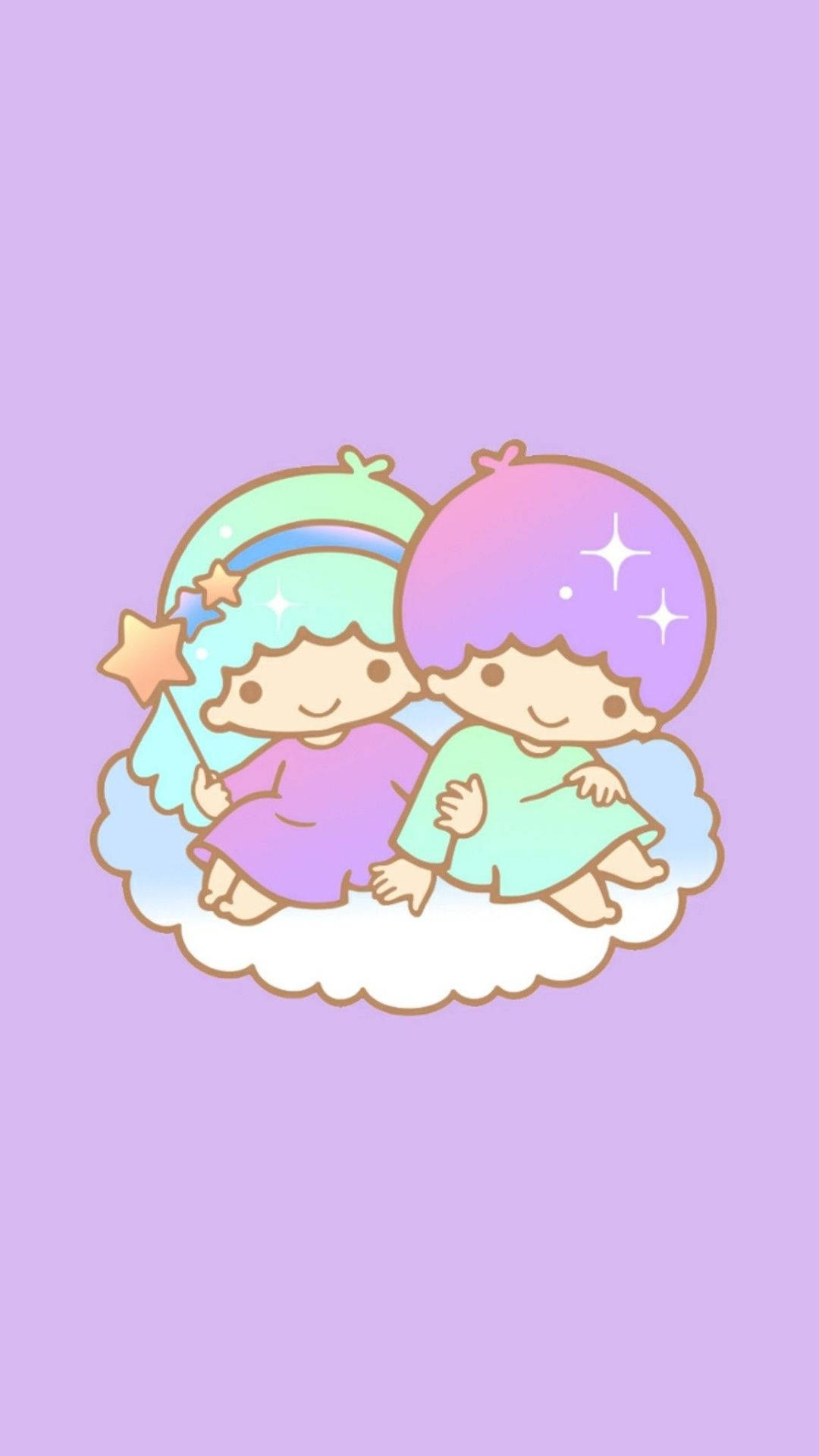 Twin 桌布 壁紙 — 兩個可愛的卡通小孩，擁有柔和色調的頭髮和星星光環，一起坐在一朵蓬鬆的雲上，背景是薰衣草色。