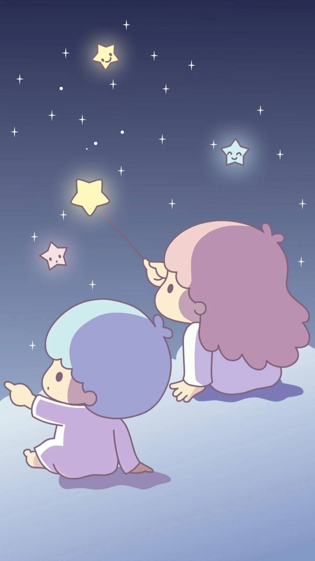 Twin 桌布 壁紙 — 兩個可愛的卡通小孩仰望柔和紫色夜空中微笑的星星。
