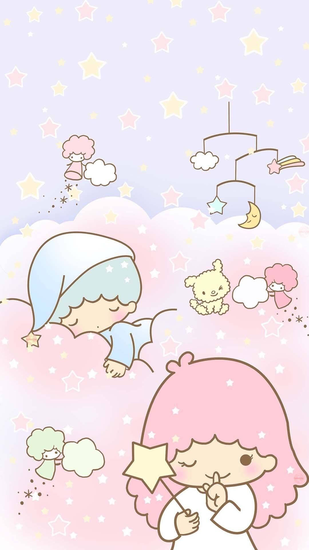 Twin 桌布 壁紙 — 兩個可愛的卡通小孩在夢幻星空下，在粉彩雲朵、星星和漂浮毛絨玩具中安然入睡。