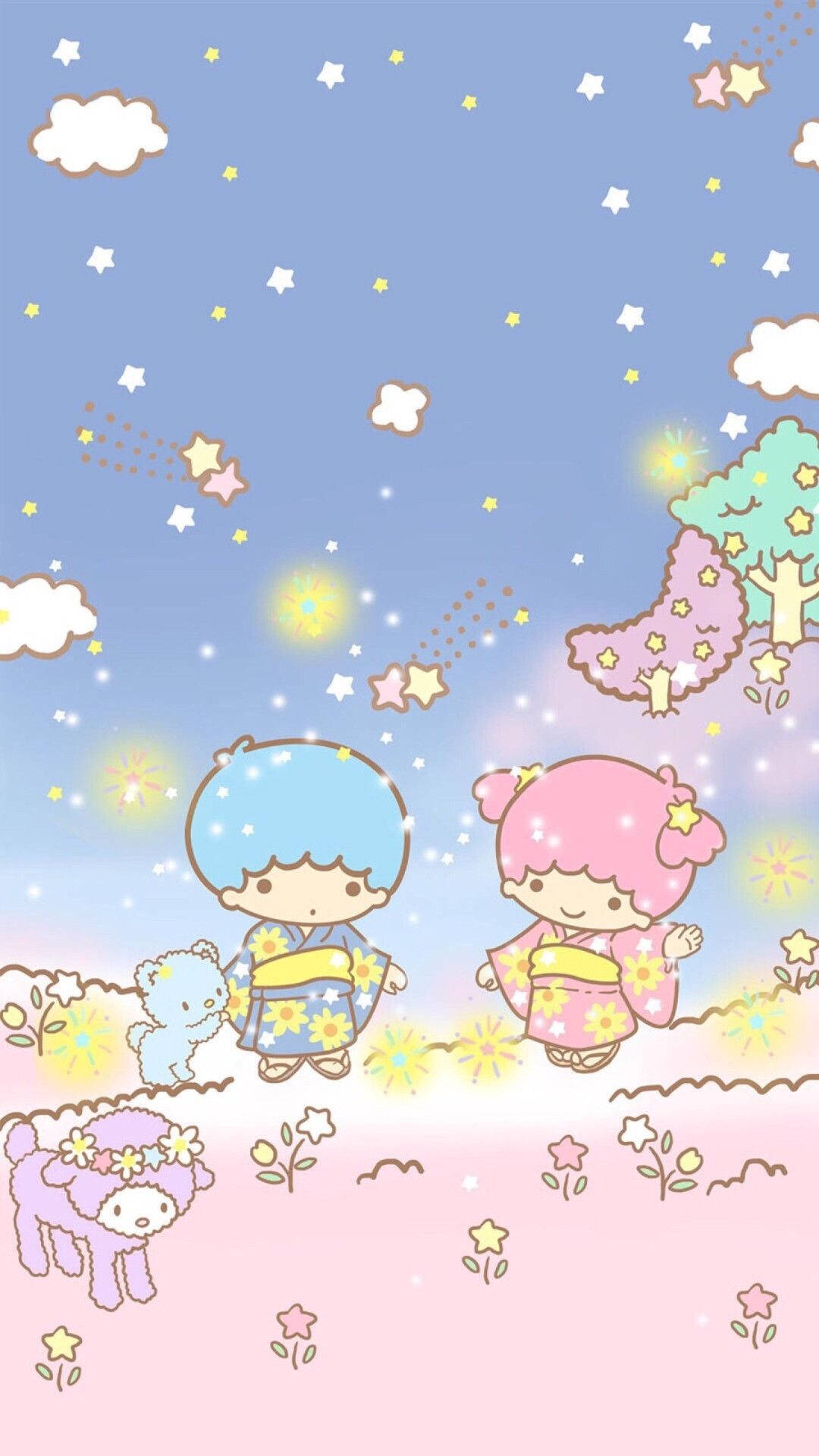 Twin 桌布 壁紙 — 兩個可愛的卡通小孩穿著和服，在星空下的田野裡和一隻毛茸茸的狗散步，天空是粉彩色的。