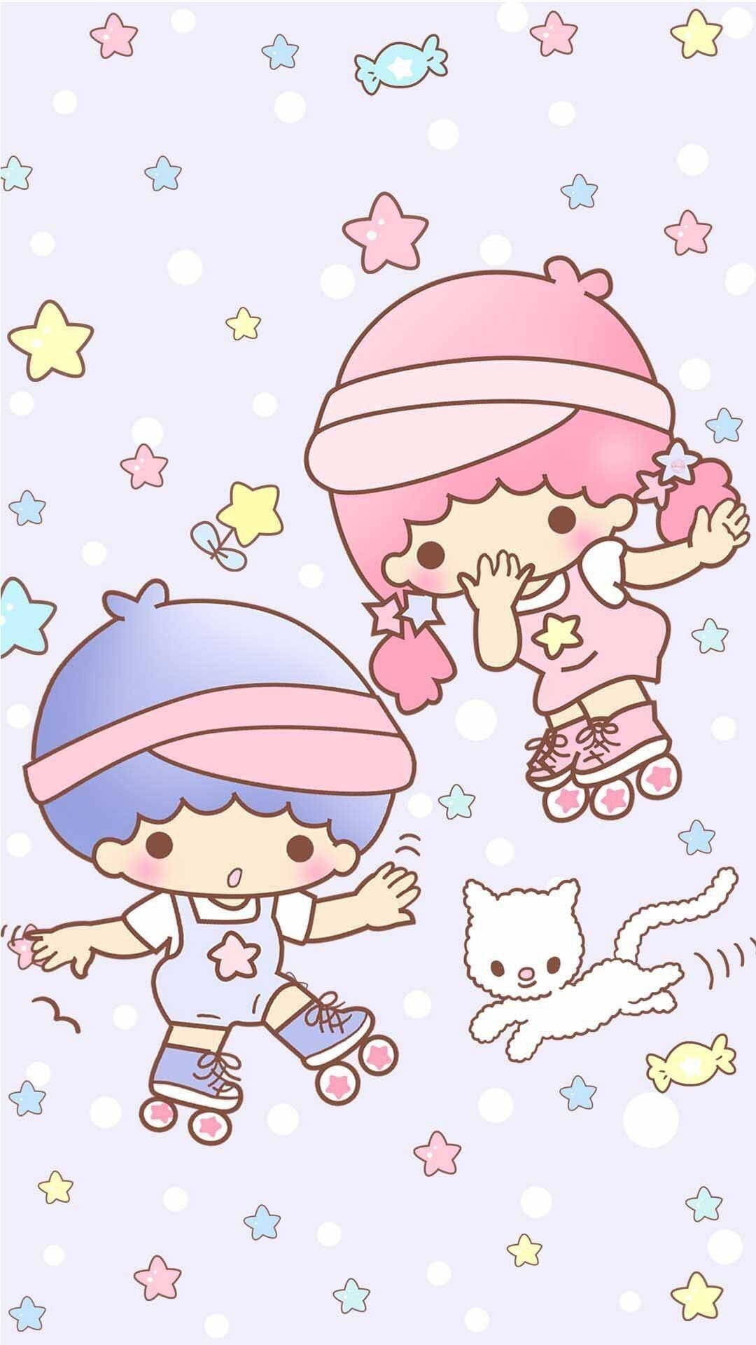 Twin 桌布 壁紙 — 兩個可愛的卡通小孩穿著溜冰鞋，在漂浮的星星和糖果之間追逐一隻白貓，背景是粉彩色的。