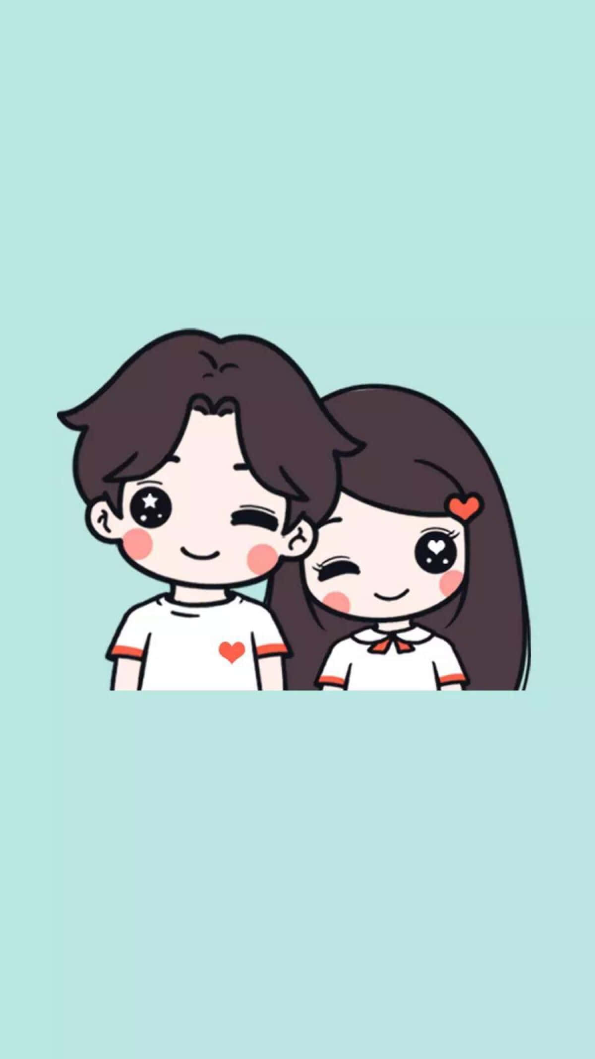 Couple Cartoon 桌布 壁紙 — 兩個可愛的卡通戀人在柔和的薄荷色背景上，眨著心形眼睛。