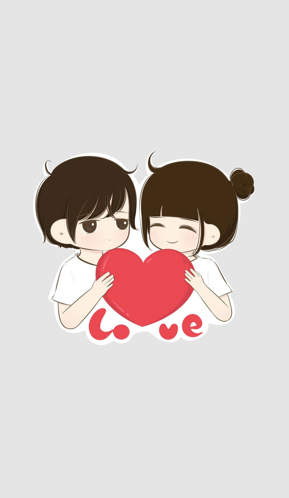 Cartoon Heart 桌布 壁紙 — 兩個可愛的卡通戀人拿著一個紅色的心，下面寫著 'love'，背景是純灰色。