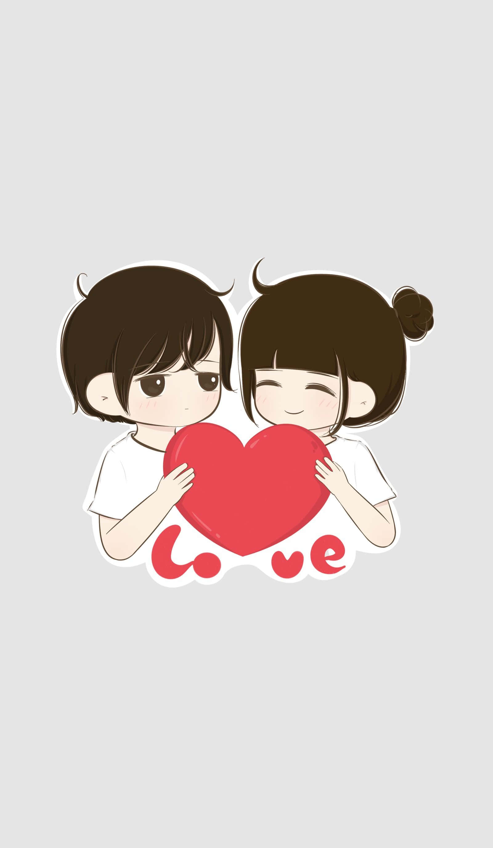 Relationship 桌布 壁紙 — 兩個可愛的卡通戀人擁抱一個大紅心，下方寫著「love」，背景簡潔。
