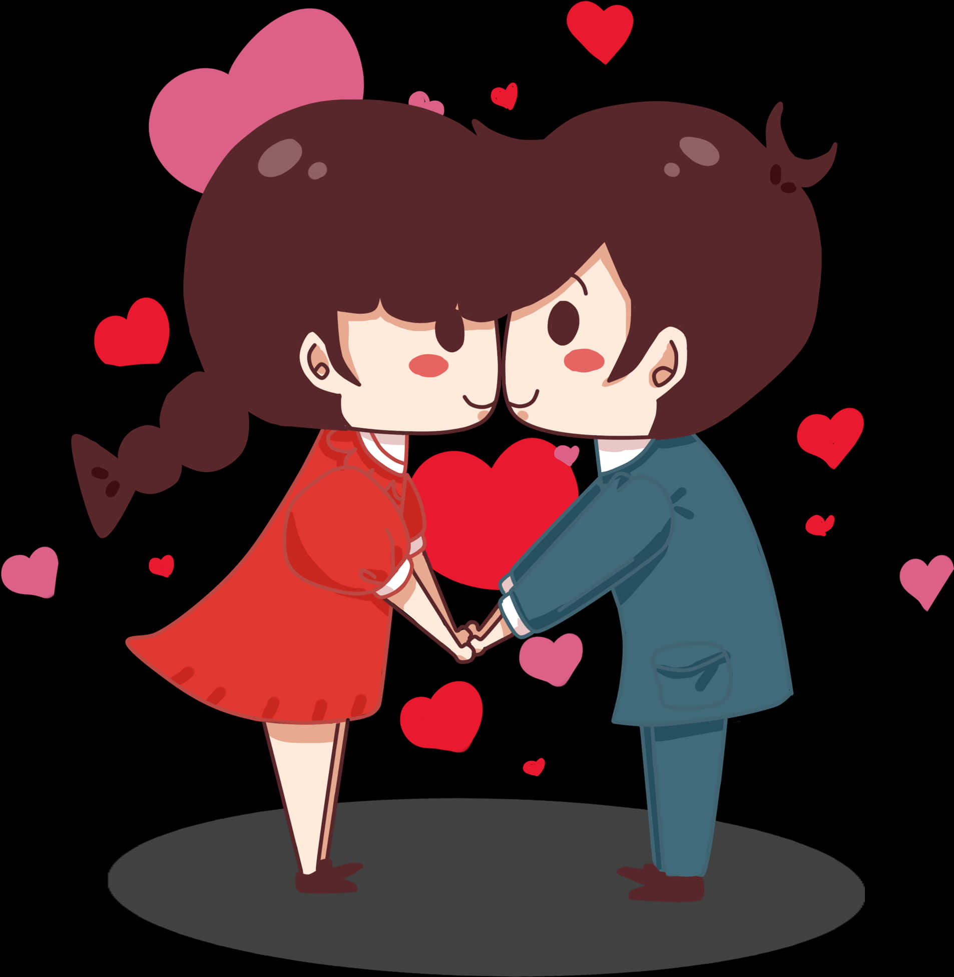 Love Emoji 桌布 壁紙 — 兩個可愛的卡通戀人牽著手，在黑色背景上漂浮的紅色和粉紅色愛心中靠近接吻。