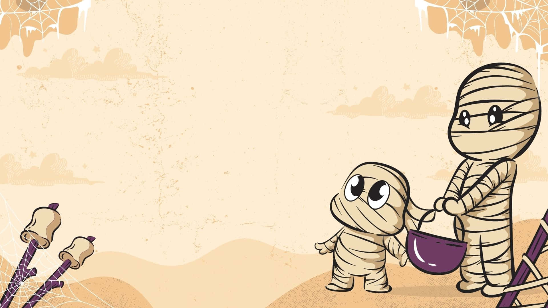 Mummy Costumes 桌布 壁紙 — 兩個可愛的卡通木乃伊拿著一個紫色水桶，走過一個有蜘蛛網和南瓜燈的沙漠。