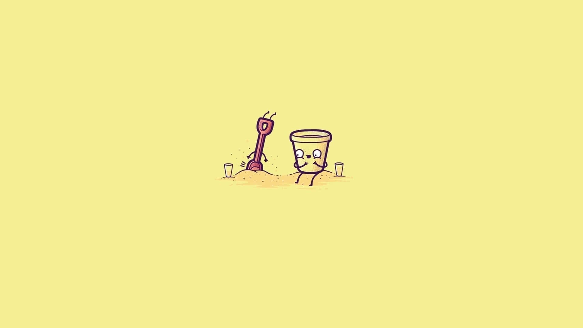 Minimalist Vintage 桌布 壁紙 — 兩個可愛的卡通沙灘玩具，一個有面孔的水桶和鏟子，坐在一堆沙子上，背景是純黃色。