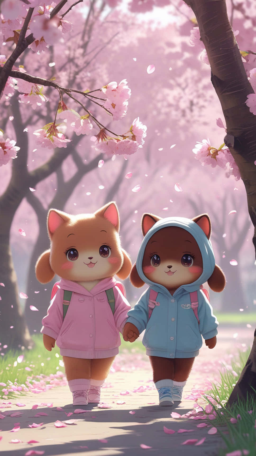 Proof That Cute Love Still Exists | Cony & Brown 壁紙 — 兩個可愛的卡通狐狸小孩穿著連帽衫手牽手走在盛開的粉紅色櫻花樹下，花瓣飄落。