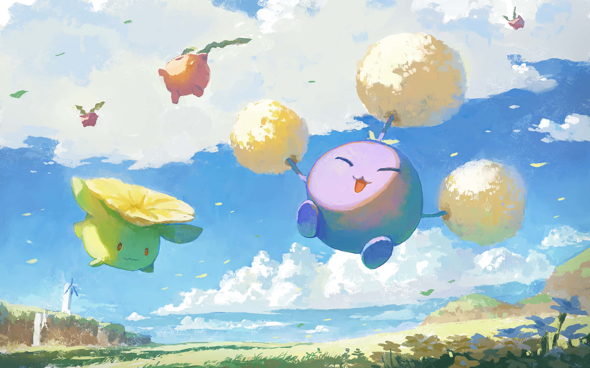 Pokemon Aesthetic 桌布 壁紙 — 兩個可愛的卡通生物在明亮的藍天下，在蓬鬆的雲朵和漂浮的花朵之間快樂地漂浮。