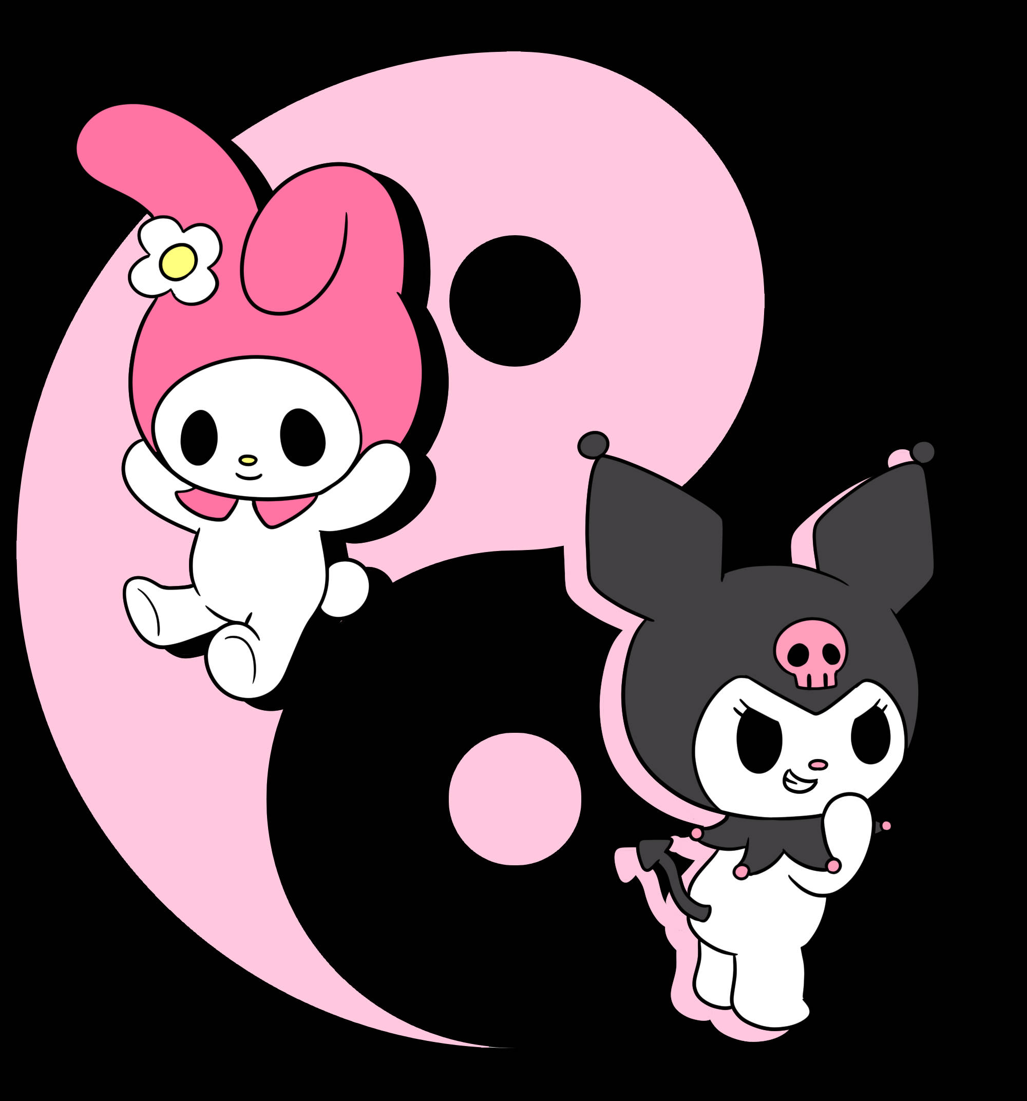 庫洛米 桌布 壁紙 — 兩個可愛的卡通角色 My Melody 和 Kuromi 在粉紅色和黑色的陰陽符號前開心地擺姿勢。