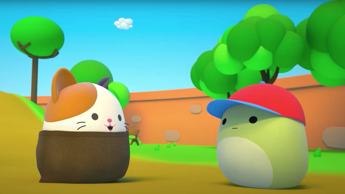兩個可愛的3D卡通角色在色彩繽紛的戶外場景中 — Squishmallows 壁紙