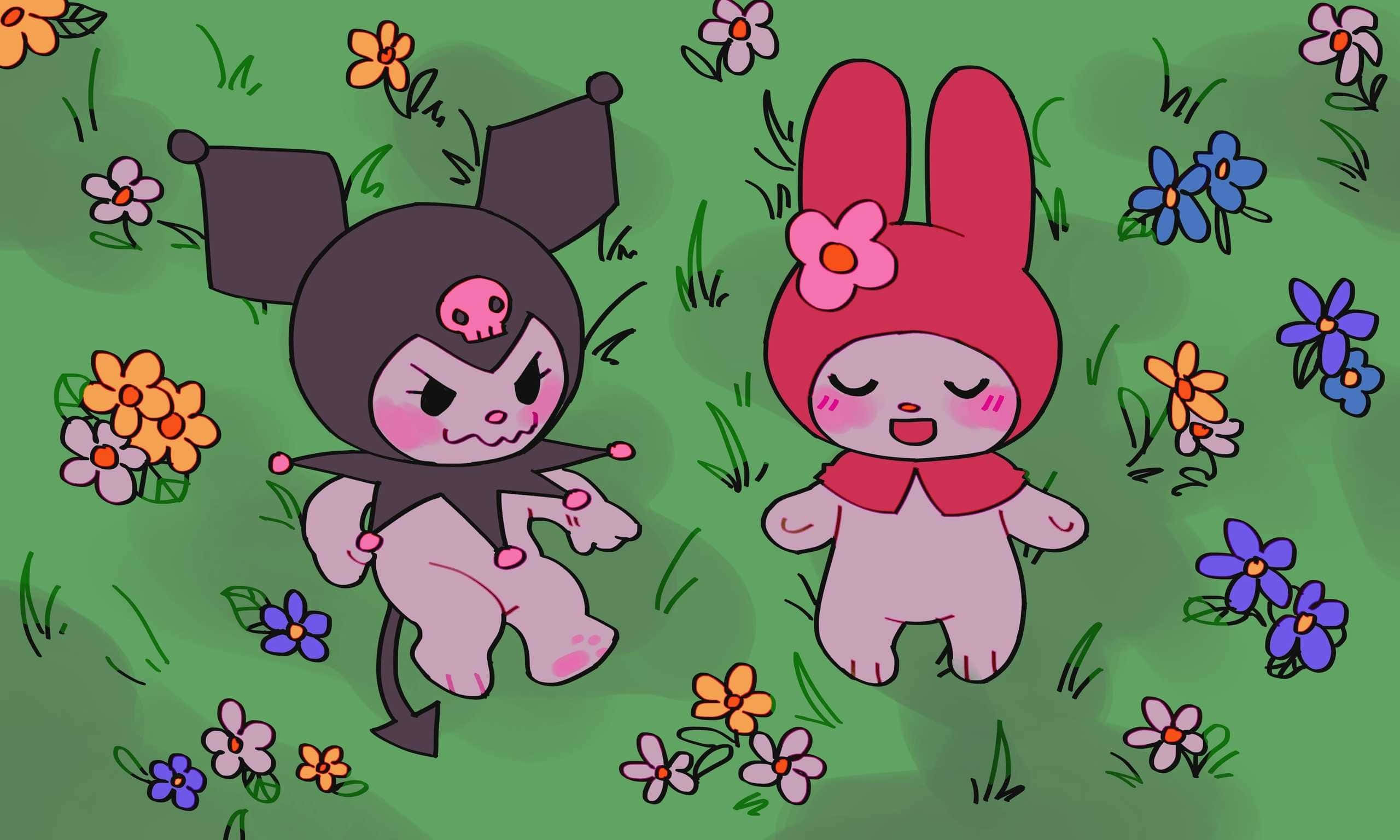 Kuromi And My Melody 桌布 壁紙 — 兩個可愛的卡通角色，一個戴著深色連帽衫有骷髏頭，一個是粉紅色兔子有花，坐在有彩色花朵的草地上。