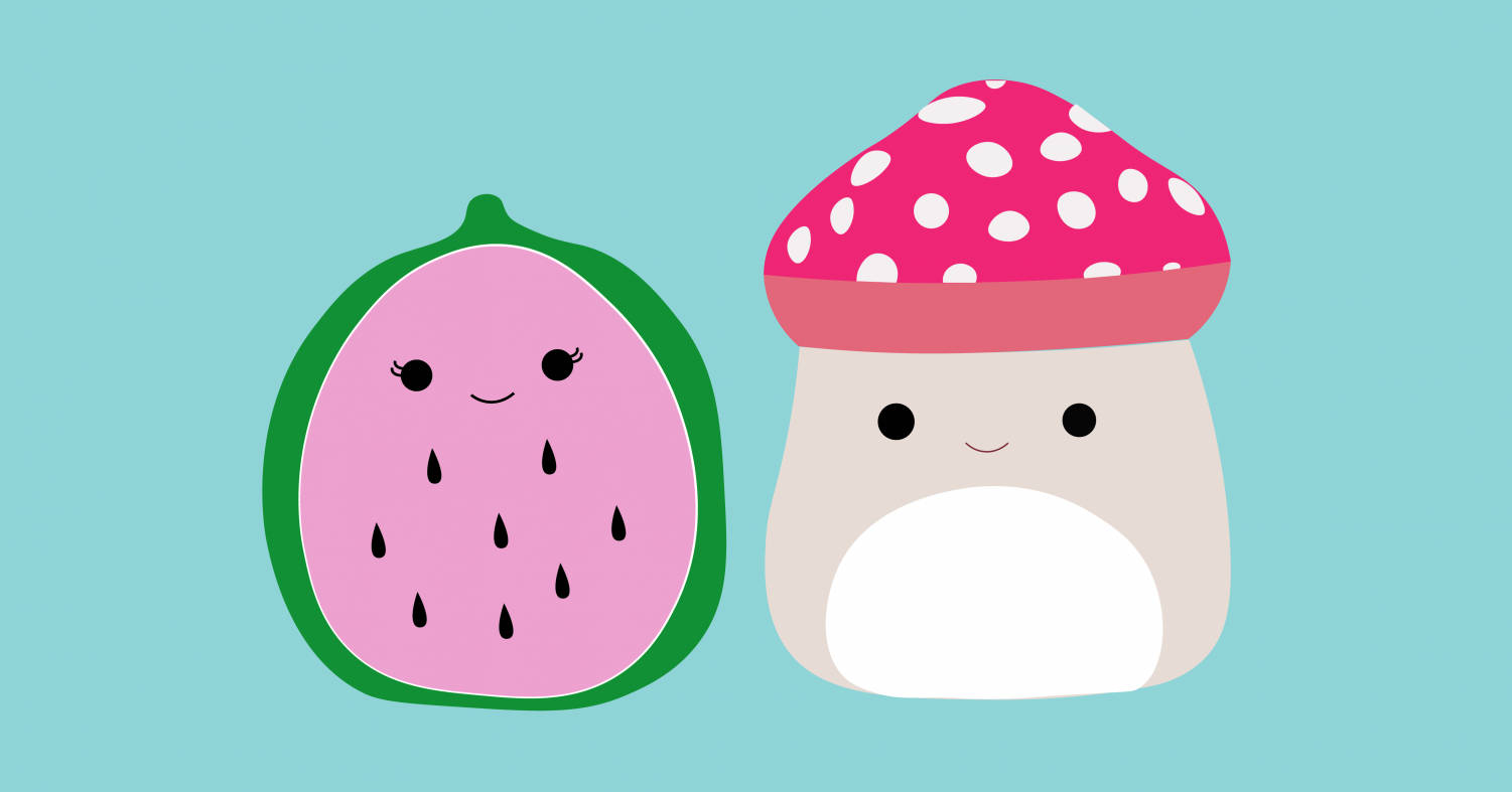 微笑的西瓜片和帶圓點的蘑菇在藍色背景上。 — Squishmallows 壁紙
