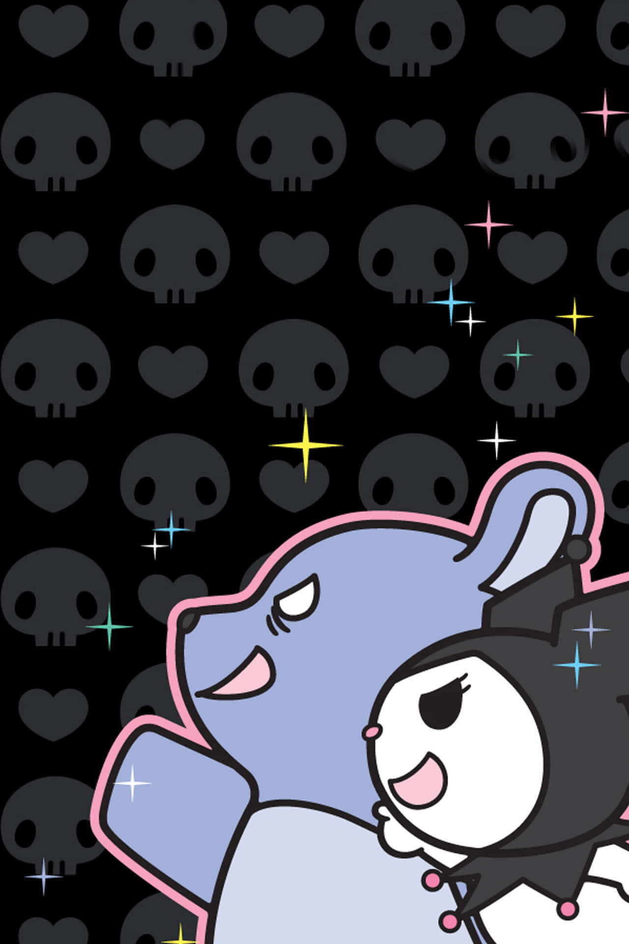 Gothic iPhone 桌布 壁紙 — 兩個可愛的卡通角色，帶有骷髏頭和心形圖案，在黑色背景上閃閃發光。