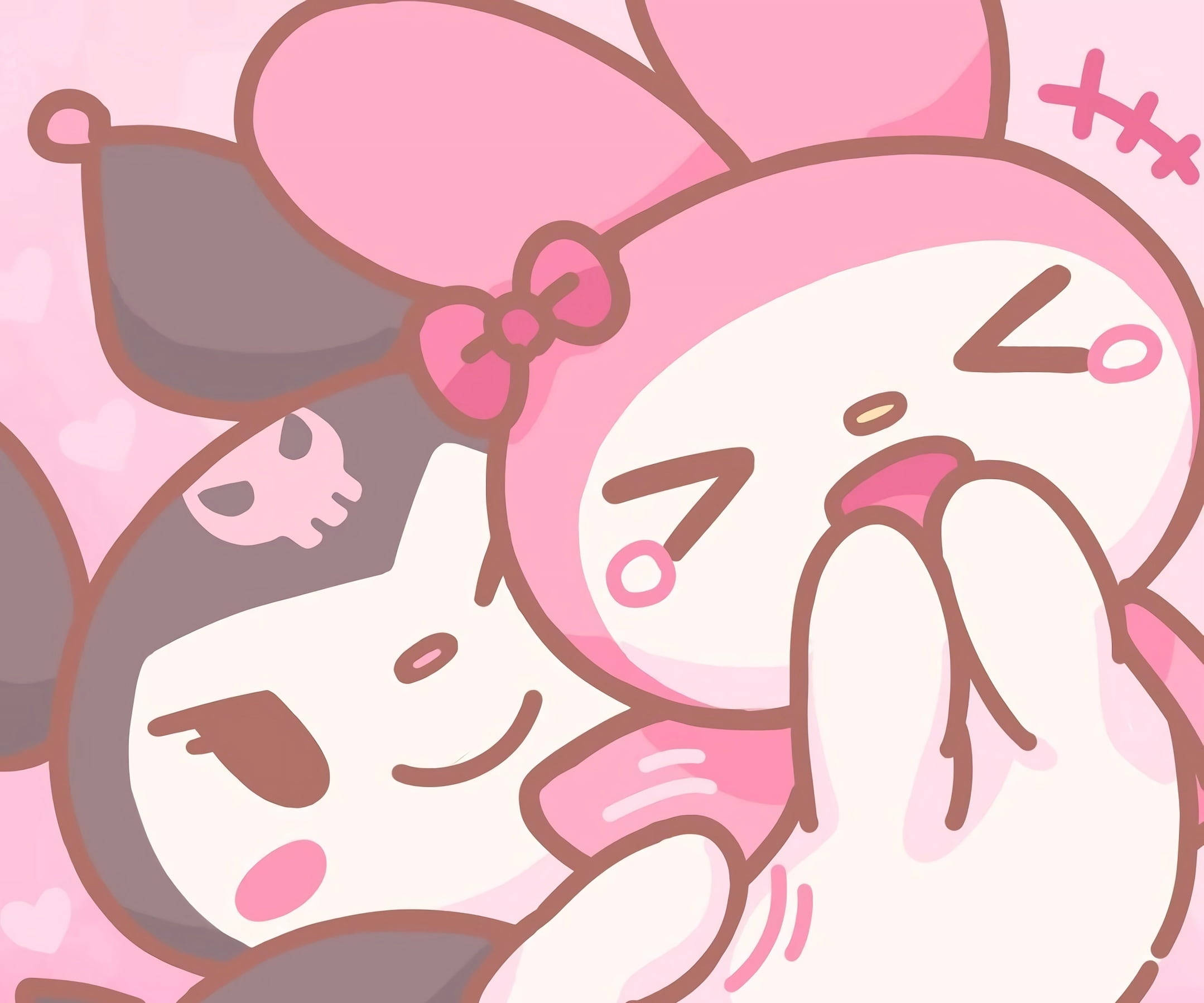 sanrio 桌布 壁紙 — 兩個可愛的卡通角色，有粉紅色兔子耳朵，在有心心的柔和粉紅色背景上親密擁抱。