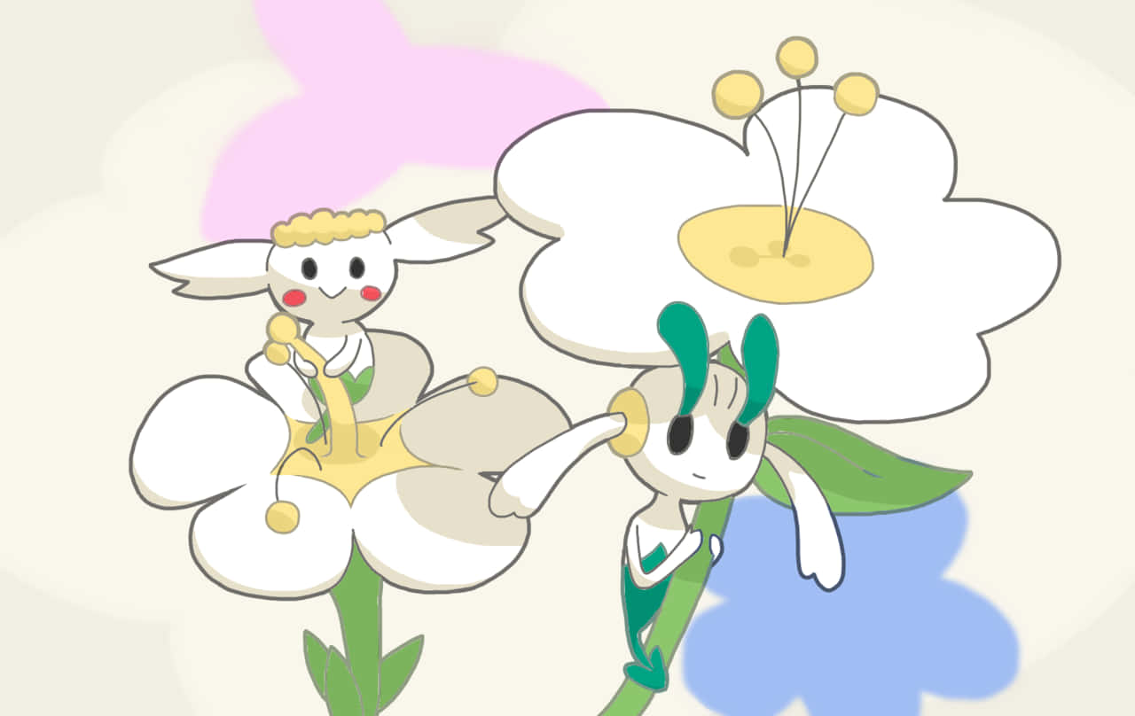 寶可夢 桌布 壁紙 — 兩個可愛的卡通角色，長著兔耳朵，棲息在風格化的白色花朵上，背景是柔和的粉彩。