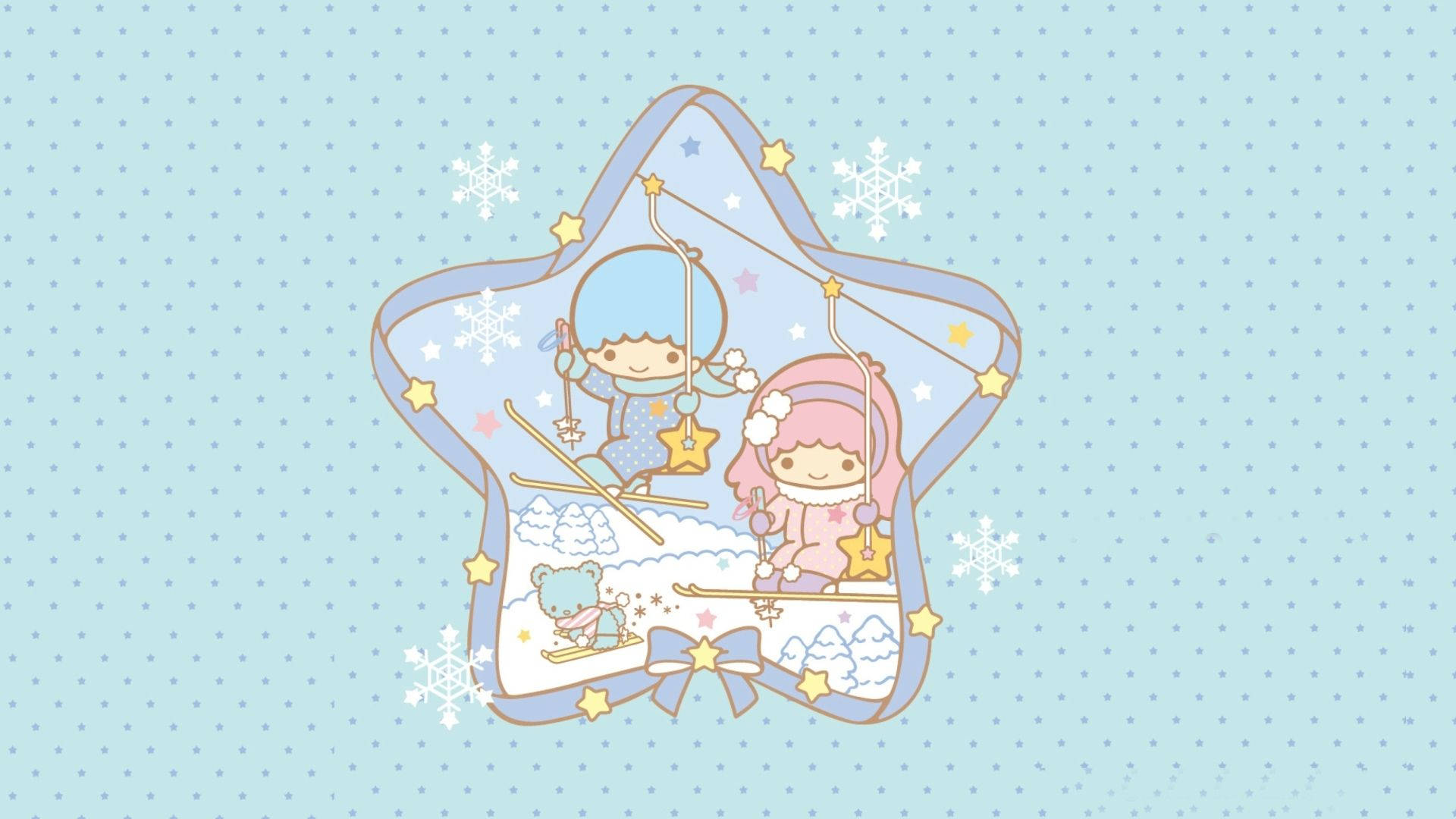 Twin 桌布 壁紙 — 兩個可愛的卡通角色在星形框內滑雪，框內有雪花和星星，背景為藍色圓點。