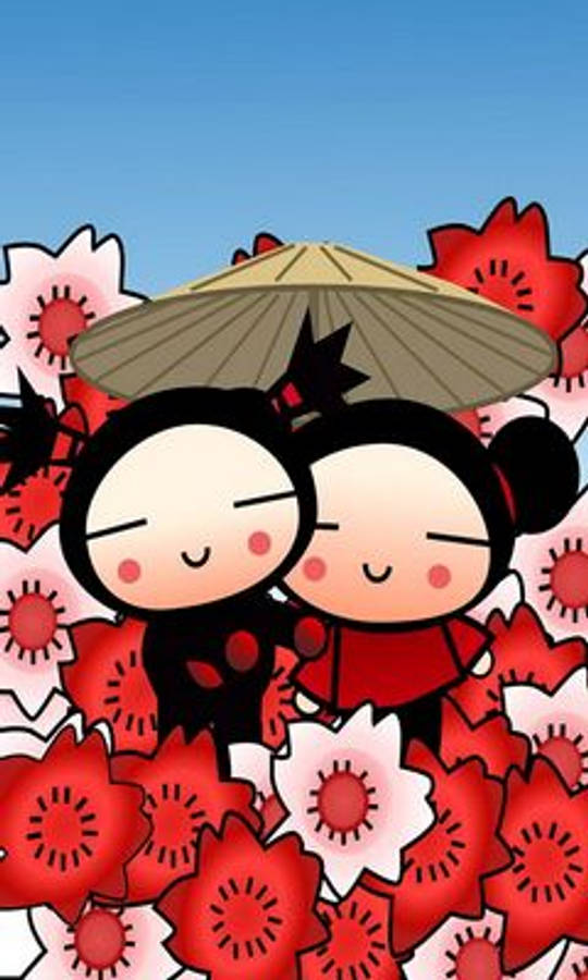 Pucca 桌布 壁紙 — 兩個可愛的卡通角色在晴朗的藍天下，在一片鮮豔的紅白花田中共享一把遮陽傘。