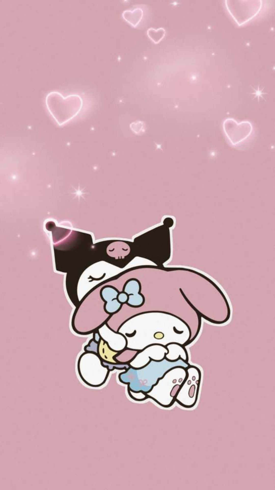 Kuromi And My Melody 桌布 壁紙 — 兩個可愛的卡通角色在柔軟的粉紅色背景上依偎，周圍有發光的心形和閃爍效果。