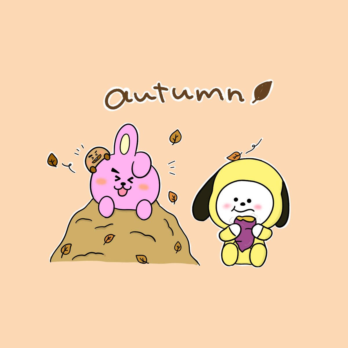 Chimmy 桌布 壁紙 — 兩個可愛的卡通角色在落葉和溫暖的蜜桃色背景下享受秋天。