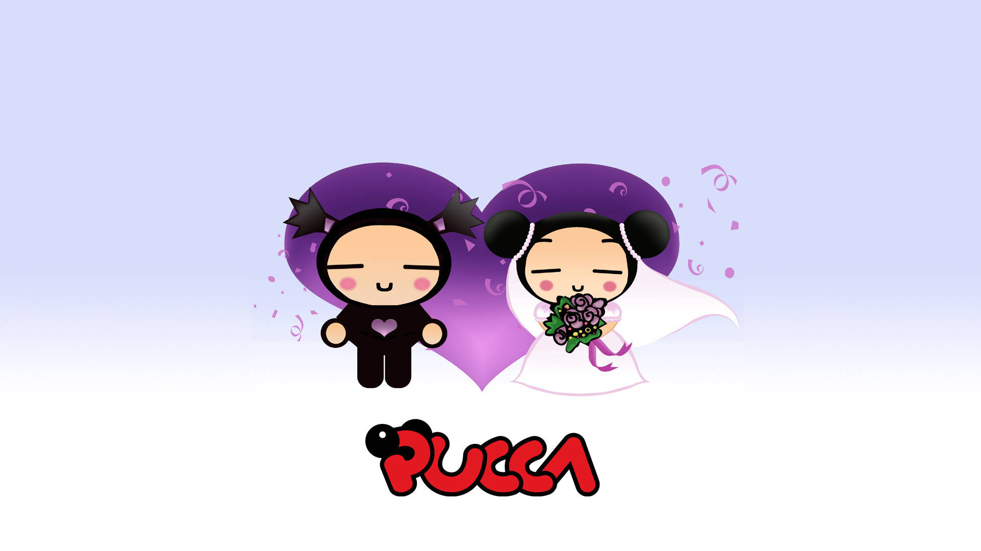 Pucca 桌布 壁紙 — 兩個可愛的卡通角色穿著婚禮服裝，站在一個紫色心形前面，周圍飄著五彩紙屑。