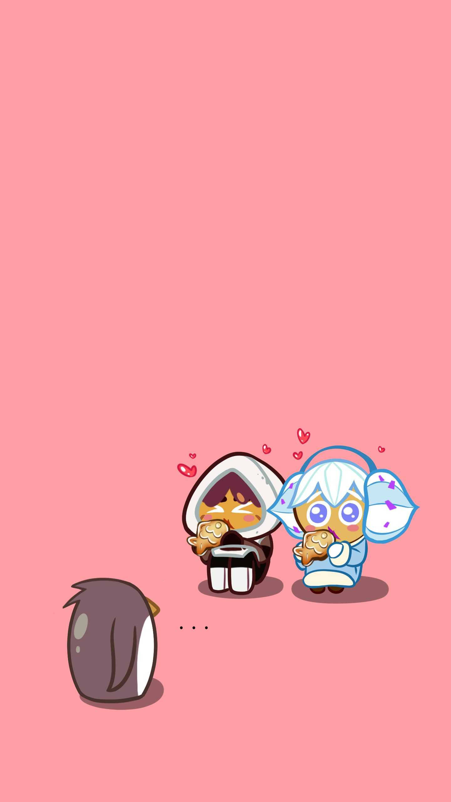 Cookie Run 桌布 壁紙 — 兩個可愛的卡通角色臉紅並拿著餅乾，心形在他們周圍漂浮，背景是純粉紅色。