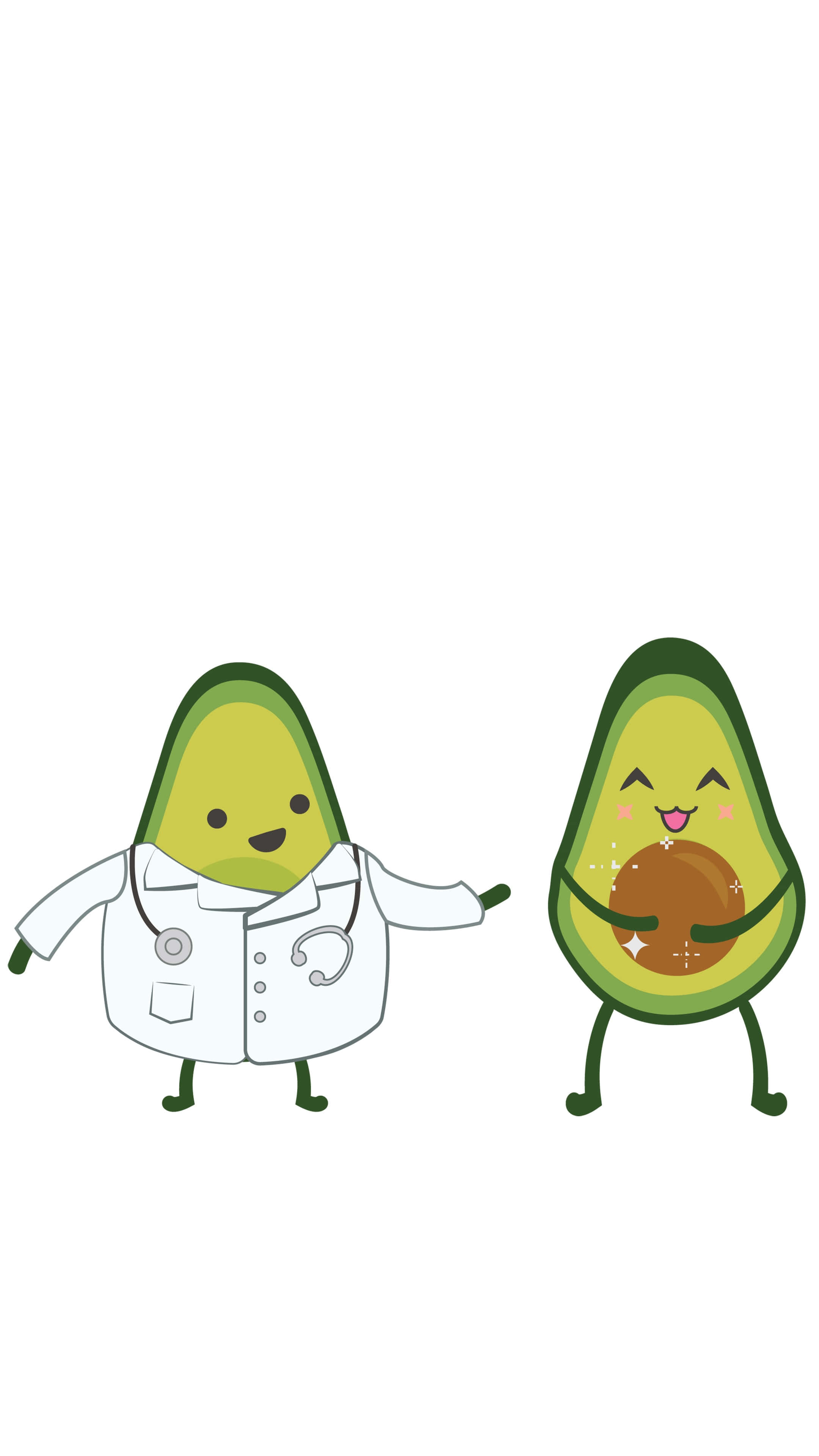 Cute Avocado 桌布 壁紙 — 兩個可愛的卡通酪梨，一個打扮成醫生帶著聽診器，另一個拿著發光的果核帶有閃光。