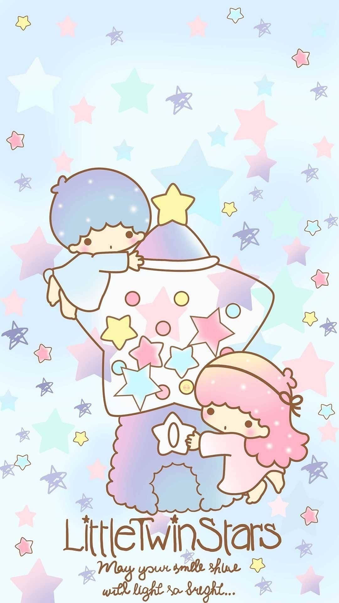 Twin 桌布 壁紙 — 兩個可愛的卡通雙胞胎穿著粉彩服裝，在充滿彩色星星的天空中拿著星形燈籠。