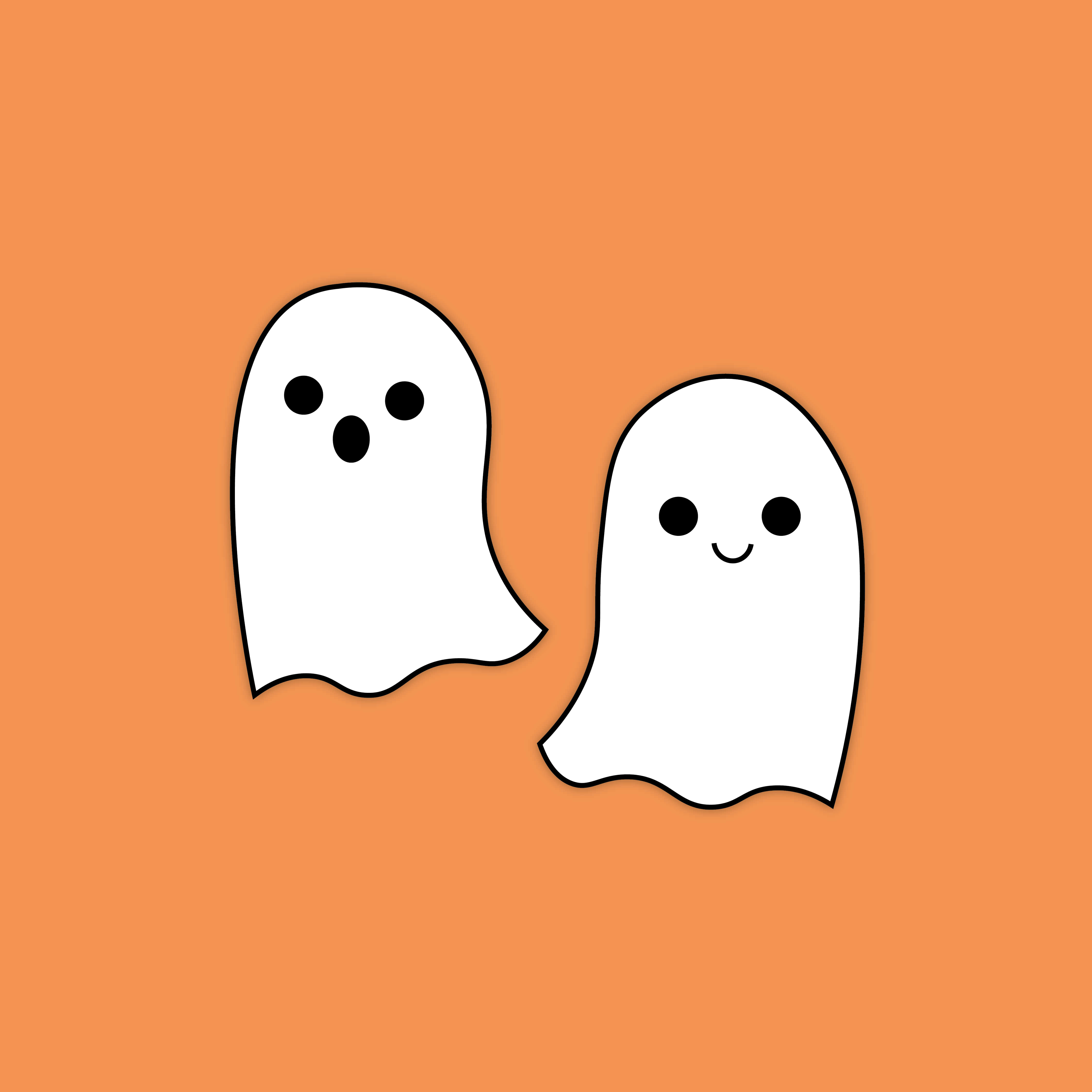 Cute Ghost 桌布 壁紙 — 兩個可愛的卡通鬼魂，帶有簡單的黑色眼睛和微笑，漂浮在純橙色背景上。