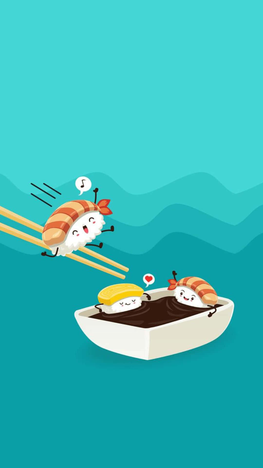 Kawaii Japanese Food 桌布 壁紙 — 兩個可愛的壽司角色，一個在筷子上面，另一個在醬油船裡，分享著歡樂的時刻，伴有音符和愛心符號。