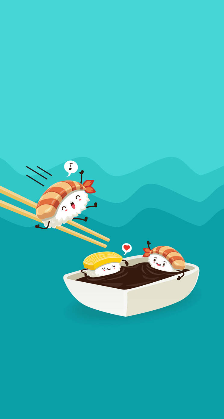 Sushi 桌布 壁紙 — 兩個可愛的壽司角色，一個在船上，一個拿著筷子，在藍綠色海浪前愉快地互動。