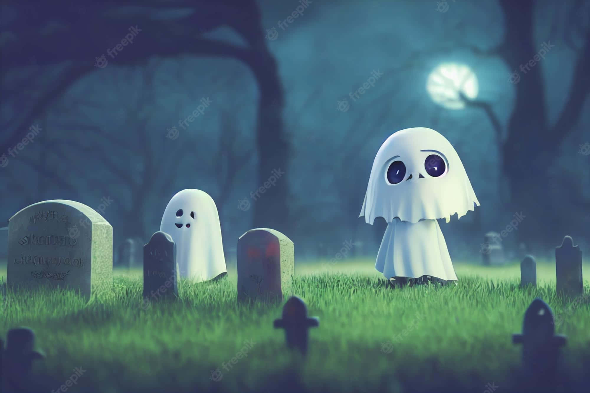 Cute Ghost 桌布 壁紙 — 兩個可愛的大眼卡通鬼魂站在霧氣瀰漫、月光照耀的墓園墓碑之間。