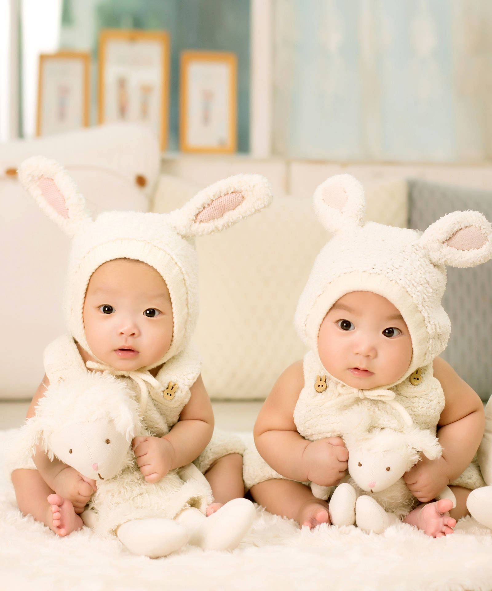 Bunny 桌布 壁紙 — 兩個可愛的寶寶穿著毛茸茸的白色兔子裝，並排坐在柔軟的地毯上，抱著填充羔羊玩偶。
