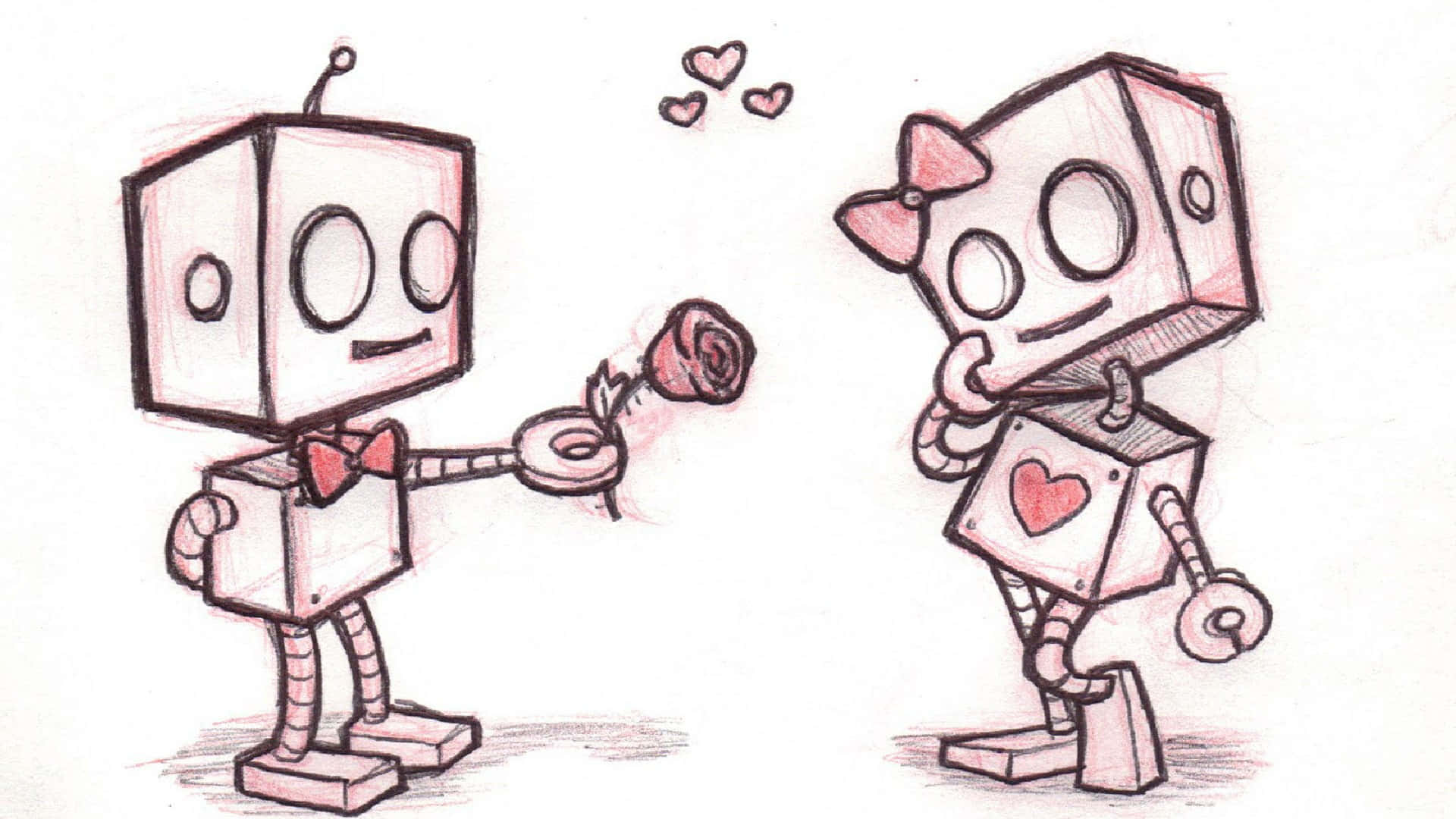Relationship 桌布 壁紙 — 兩個可愛的方塊機器人在迷人的手繪草圖中交換玫瑰，心形圖案漂浮在它們上方。