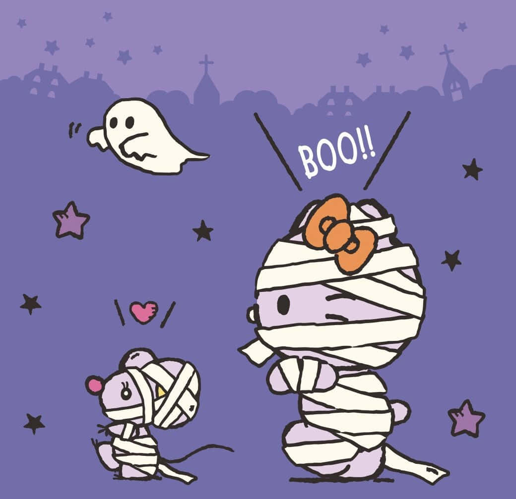 Mummy Costumes 桌布 壁紙 — 兩個可愛的木乃伊角色，帶著橙色蝴蝶結，漂浮在紫色萬聖節夜空中，有星星和一個幽靈。
