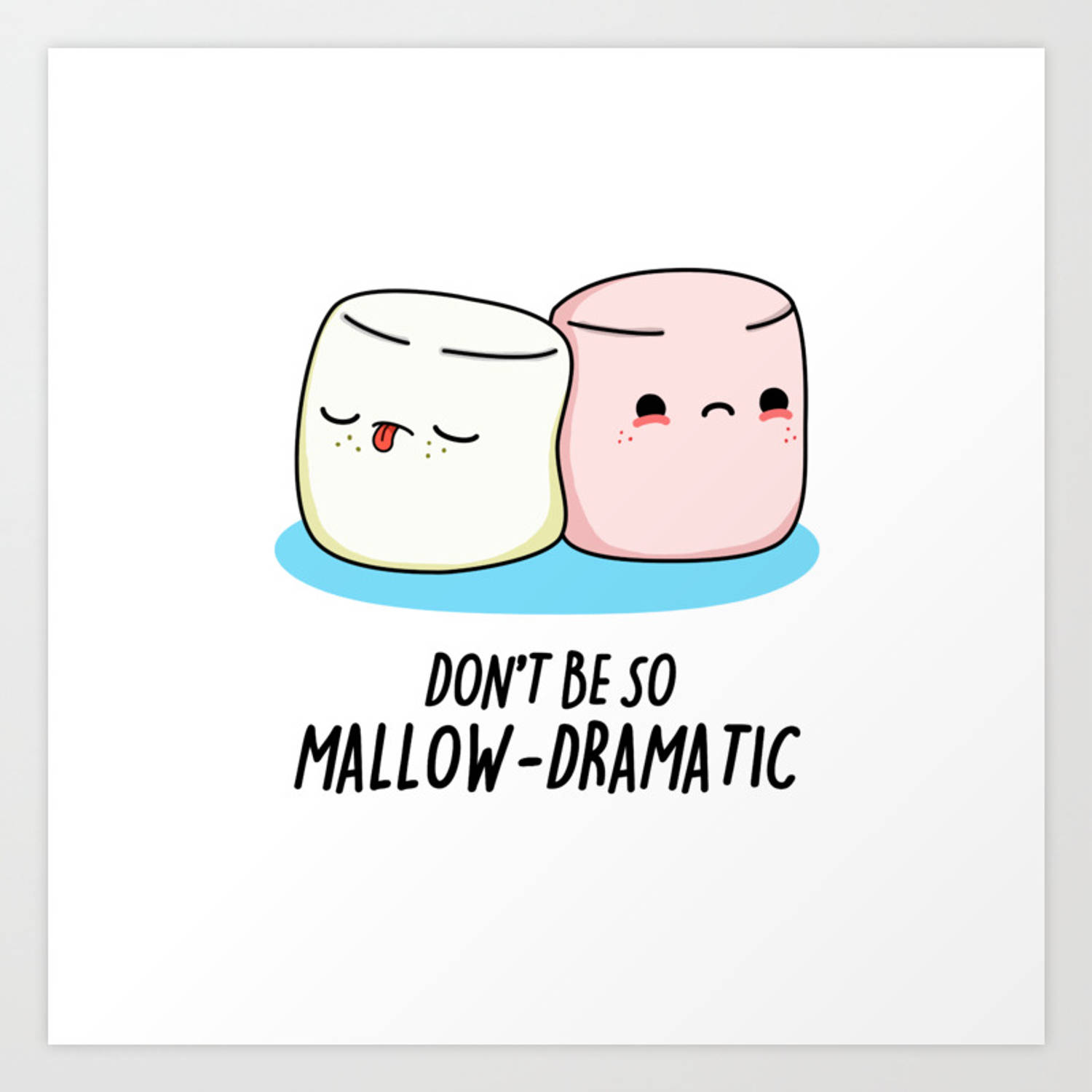 兩個微笑的棉花糖依偎在一起，上面寫著「don't be so mallow-dramatic」 — Squishmallows 壁紙