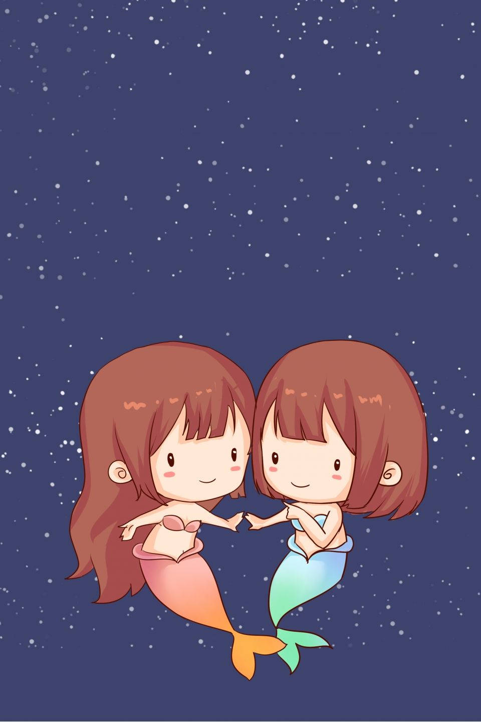 星座 桌布 壁紙 — 兩個可愛的棕色頭髮美人魚在星空下牽手，尾巴發出柔和的光芒。