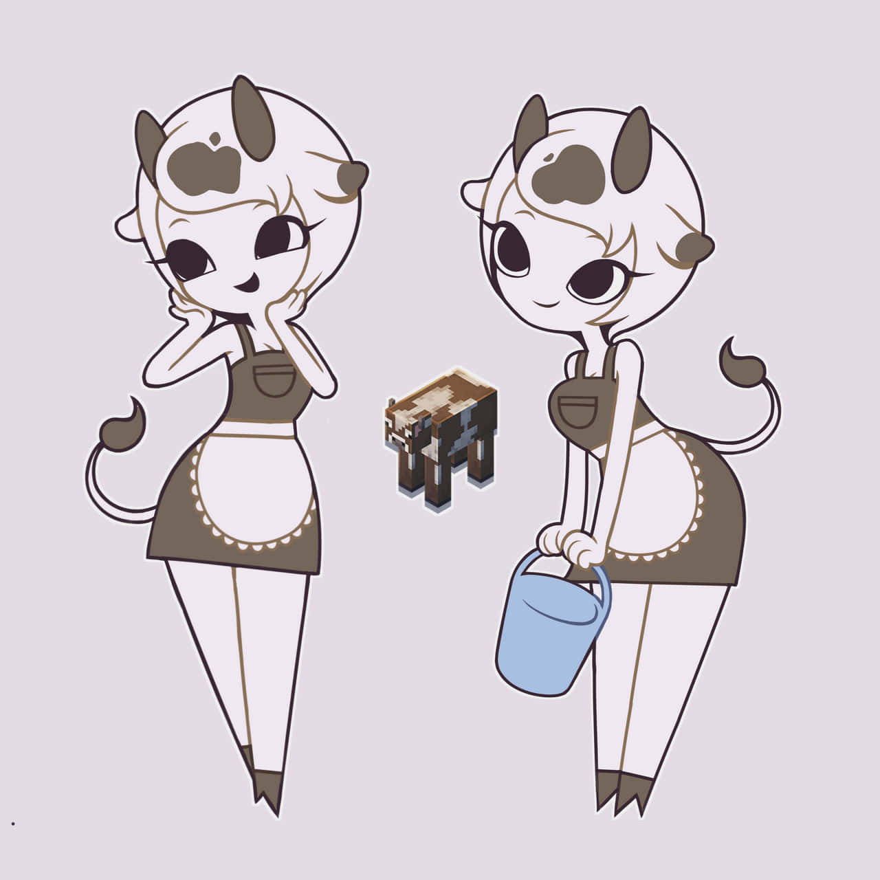 Minecraft Cow 桌布 壁紙 — 兩個可愛的牛頭女孩穿著圍裙，在一個樸素的背景旁與一隻拿著藍色水桶的像素牛合影。