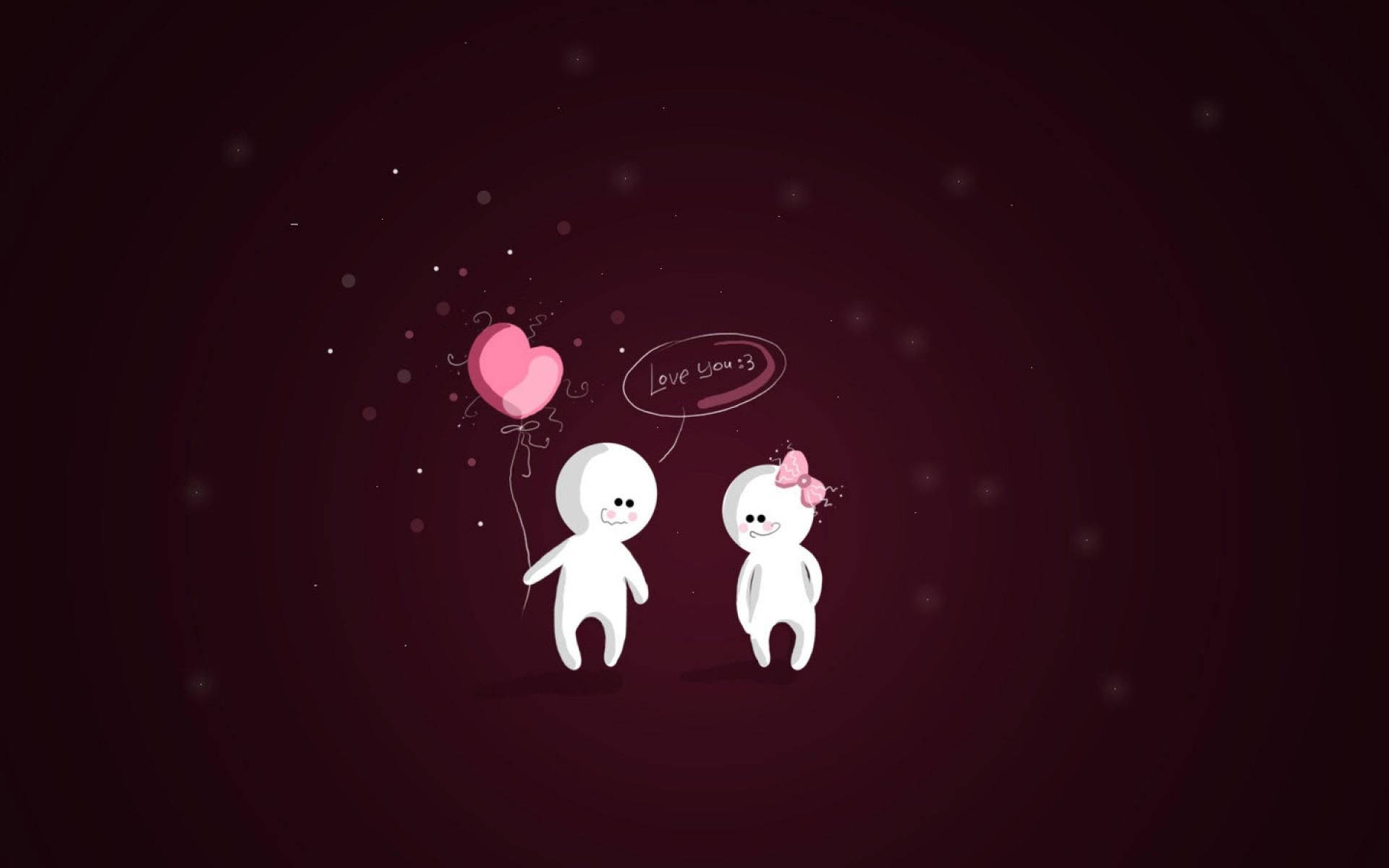 Cartoon 桌布 壁紙 — 兩個可愛的白色卡通人物，拿著粉紅色心形氣球和「Love You :3」對話框，背景為深棗紅色。